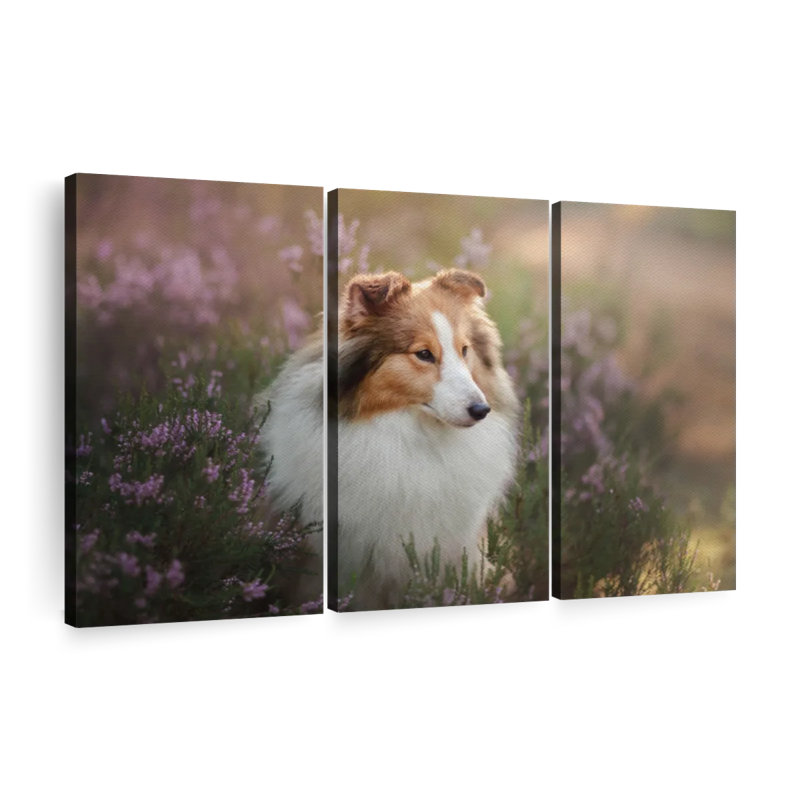 "Sheltie et fleurs" 3 pièces, H 32 po x l 50 po x P 1,25 po