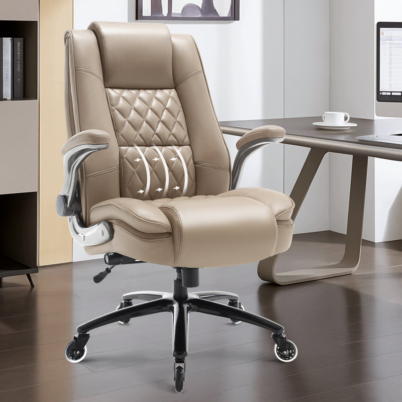 Modern Leather Executive Office Chair With Flip-Up Armrests And Adjustable Lumbar Support, Khaki