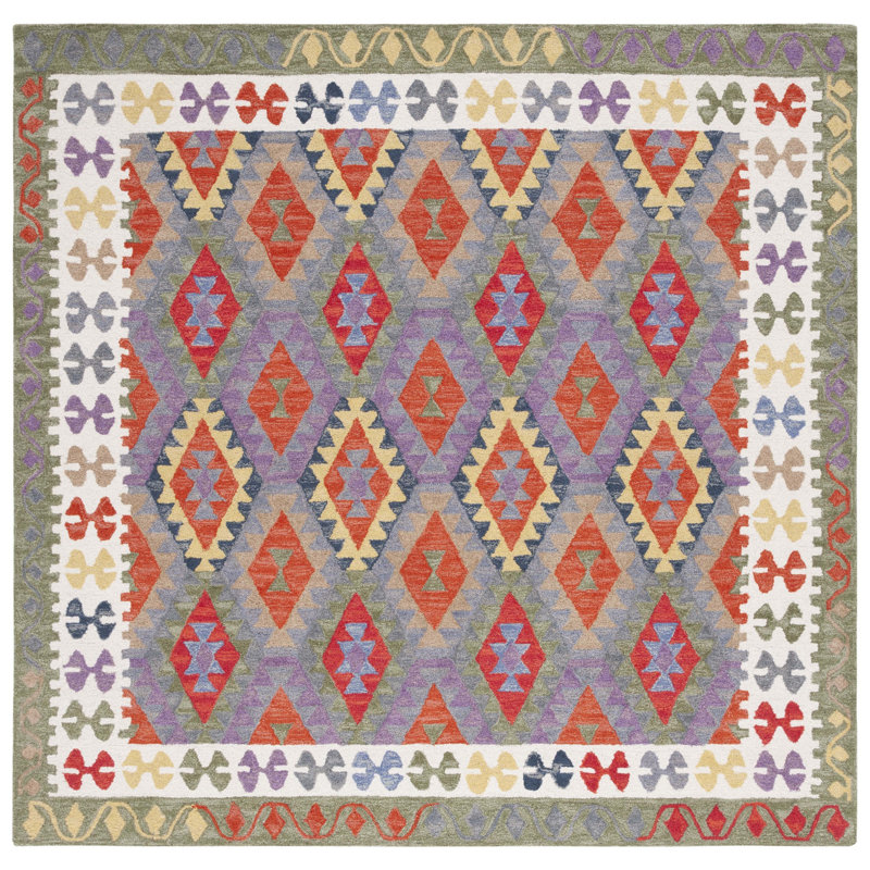 Tapis touffeté à la main de style sud-ouest Horwich en mauve / blanc / vert, Carré 7 pi