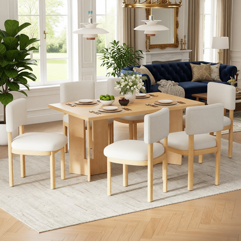 Farmhouse Wood Dining Table Set For 6 With Upholstered Chairs, 60" Rectangular Kitchen & Dining Room Table Set With Cutout Legs
