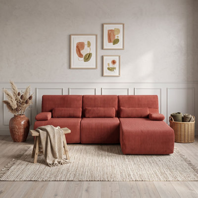 Modular Sectional Sofa with Curved Ergonomic Seating, Arm Pillows, Soft Corduroy Upholstery and Chaise Longue