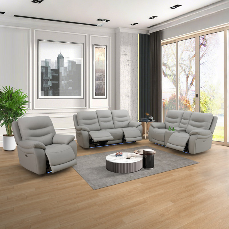 Ensemble de causeuse et de fauteuil inclinable électrique pour salon en cuir gris clair