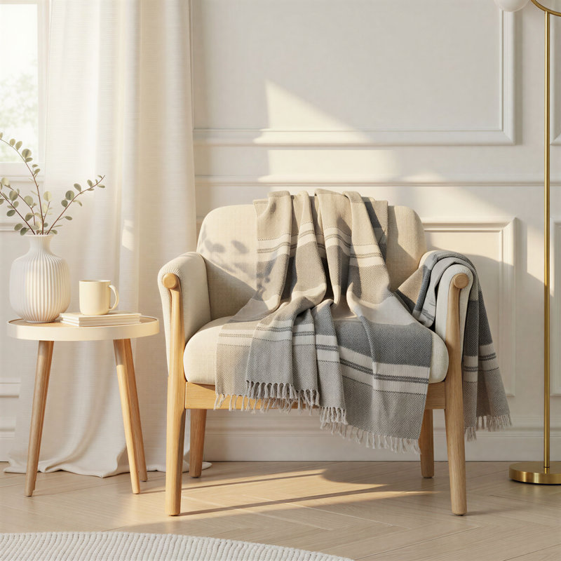 Woven Cotton Striped Throw With Fringe