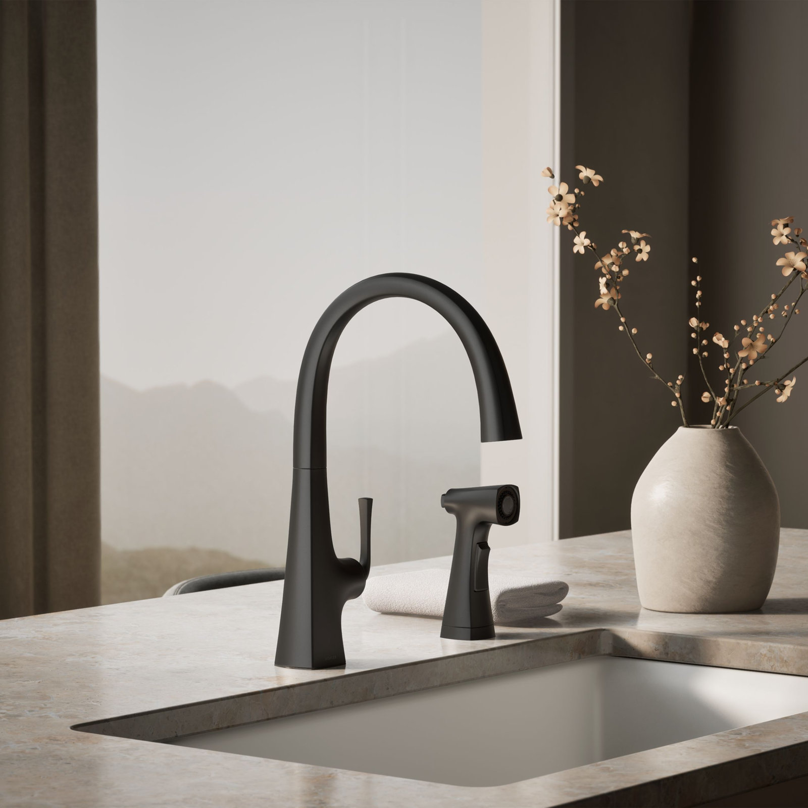 Graze Swing Spout Faucet with Sidespray, Matte Black