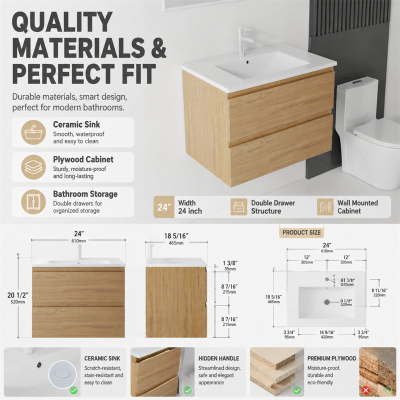 Meuble-lavabo mural suspendu de 24 pouces, Chêne