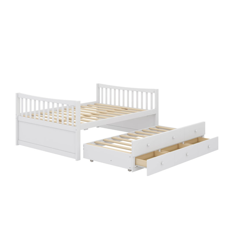 Lit de jour double en bois pleine grandeur, lit gigogne simple et 3 compartiments de rangement, Blanc