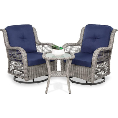 Ensemble bistro 3 pièces pour patio en osier avec 2 chaises berçantes pivotantes à 360 degrés et plateau en verre trempé - bleu marine