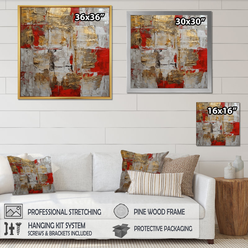Cardinal Sin Retro Delight, abstrait rouge et or I - Art mural abstrait, H 30 po x l 30 po x P 1 po, Toile tendue