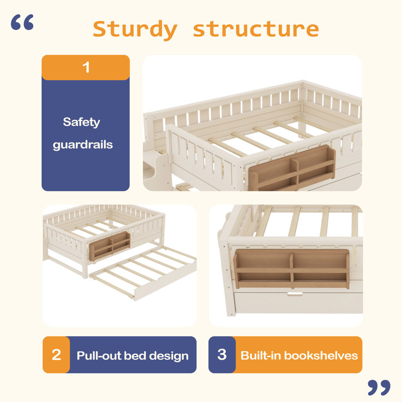 Structure de lit avec bibliothèque intégrée et petit escalier, rails de sécurité de haute qualité et lit gigogne, Lit double