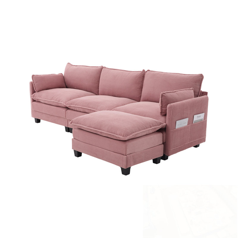 L Shaped Modular Sectional Sofa with Movable Ottoman and side pocket, Pink