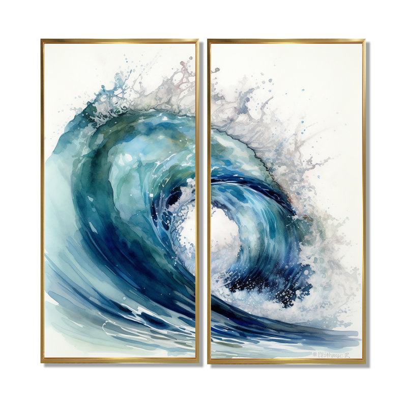 Mandell - Grande plage moderne, estampes d'art sur toile, 2 pièces, H 40 po x l 40 po, Reproduction avec cadre flottant, Doré