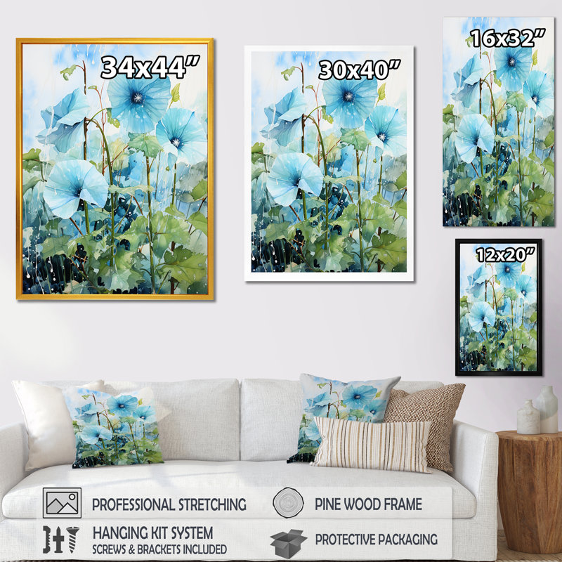 «Blue Morning Glory», art mural Dewy Blooms II, Cadre simple argenté, H 44 po x l 34 po x P 1,5 po