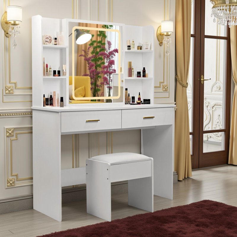 Meuble-lavabo blanc moderne avec lumières DEL, prise de courant intégrée et rangement spacieux