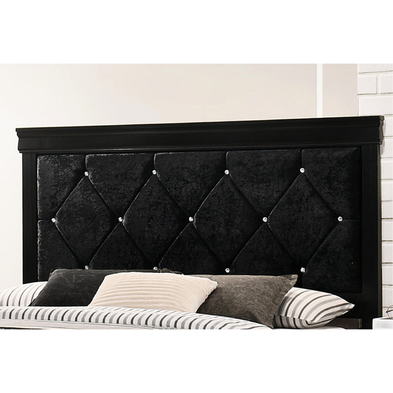 Lit à panneau double moderne avec tête de lit tapissier noire et capitonnage à boutons éblouissants pour une finition de chambre à coucher douce et scintillante