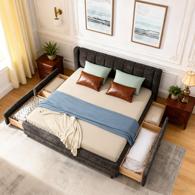 Chenille fabric Upholstered Bed Frame with Thick Fabric With drawer for storage, Dark Gray