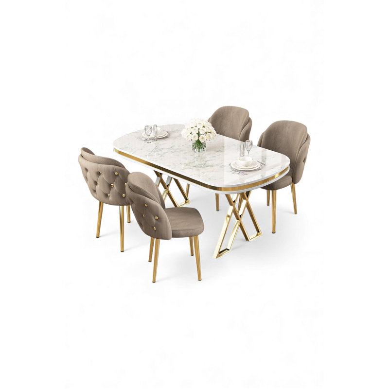 Ensemble de table et chaises de salle à manger (5 pièces), Marbre blanc /Or, Ensemble de cinq pièces : table, quatre chaises