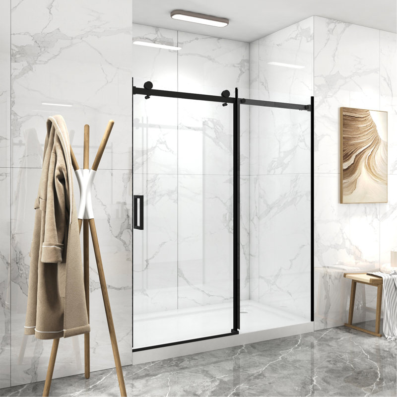 56"-60"W X 70"H Frameless Shower Door, Sliding Shower Door, With Premium 5/16"(8Mm) Thick Tempered Glass Shower Enclosure,Double Side Easy Clean Coat,Matte Black Finished With Buffer