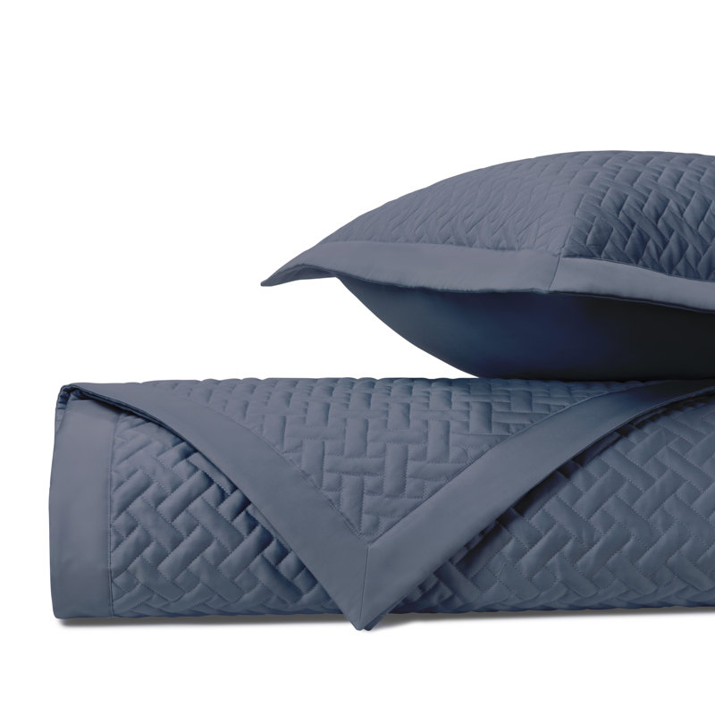 Basketweave Quilted Sateen Coverlet Set, Stone Blue, Queen Quilt + 2 Euro Shams