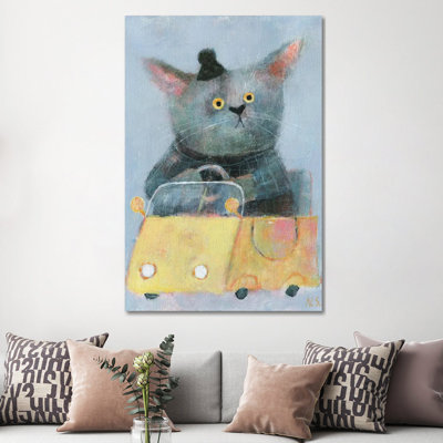 The Cat in the Yellow Car by Natalia Shaloshvili - Wrapped Canvas Painting 1 Piece Wrapped Canvas Painting
