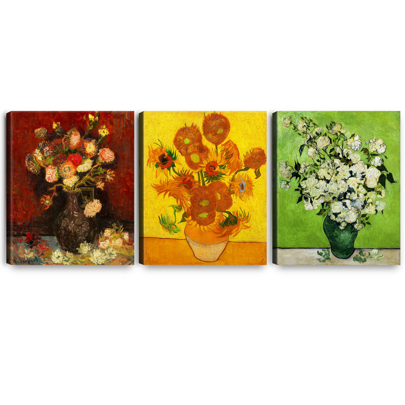 Vangogh (vase avec asters chinois, tournesols, roses roses), art mural à 3 panneaux pour décorations de bureau personnel, impression giclée sur toile 