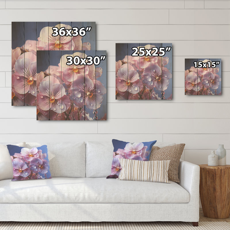 Pensées transparentes magiques roses - Art sur bois de pin naturel, H 15 po x l 15 po