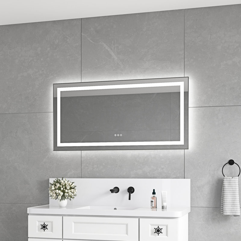 Miroir de meuble-lavabo mural 48 po x 24 po avec façade et rétroéclairage à DEL, 3 options de couleur, brouillard, cadre en aluminium, modes de réglage de la luminosité en continu, mémoire, cendre