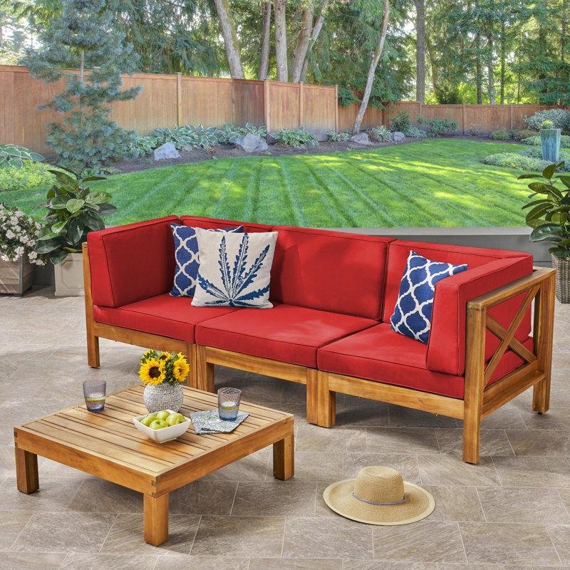 Acacia 3 - Person Patio Conversation Set with Cushions, Teak Frame / Red Cushion