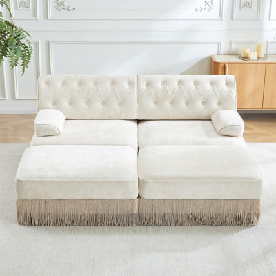 Avec 2 repose-pieds, tissu de velours respirant, jupe à pampilles, canapé de style Chesterfield, combinaison libre, accoudoirs carrés légèrement courbés, base en bois de qualité supérieure, facile à assembler, pour le salon