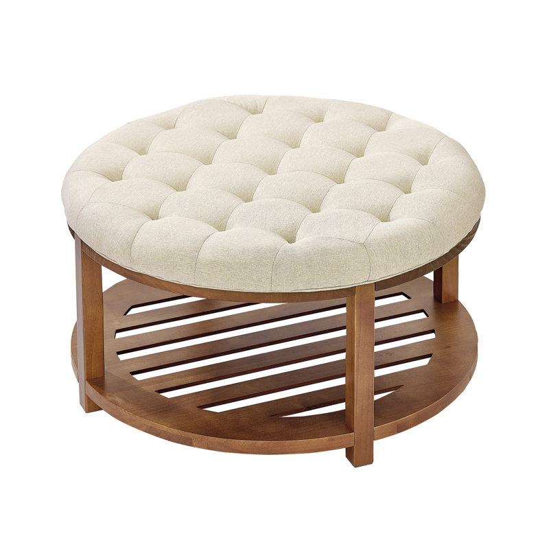 Grande table basse ronde avec repose-pieds capitonné en lin 31,9 pouces