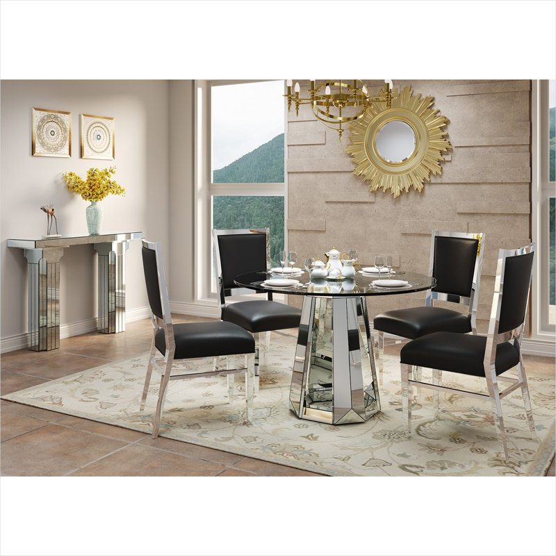 Table de salle à manger ronde avec base miroir argentée fraîche et plateau en verre trempé, 47,24 po, sièges 4