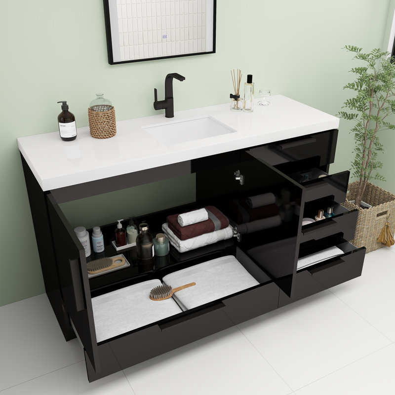 Meuble-lavabo autoportant avec tiroirs à droite Carla, 59", Lustre noir