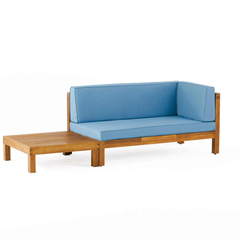 Ensemble de causeuse et table basse d'extérieur en bois d'acacia Seana, Accoudoir à droite (vu de face), Bleu, Teck