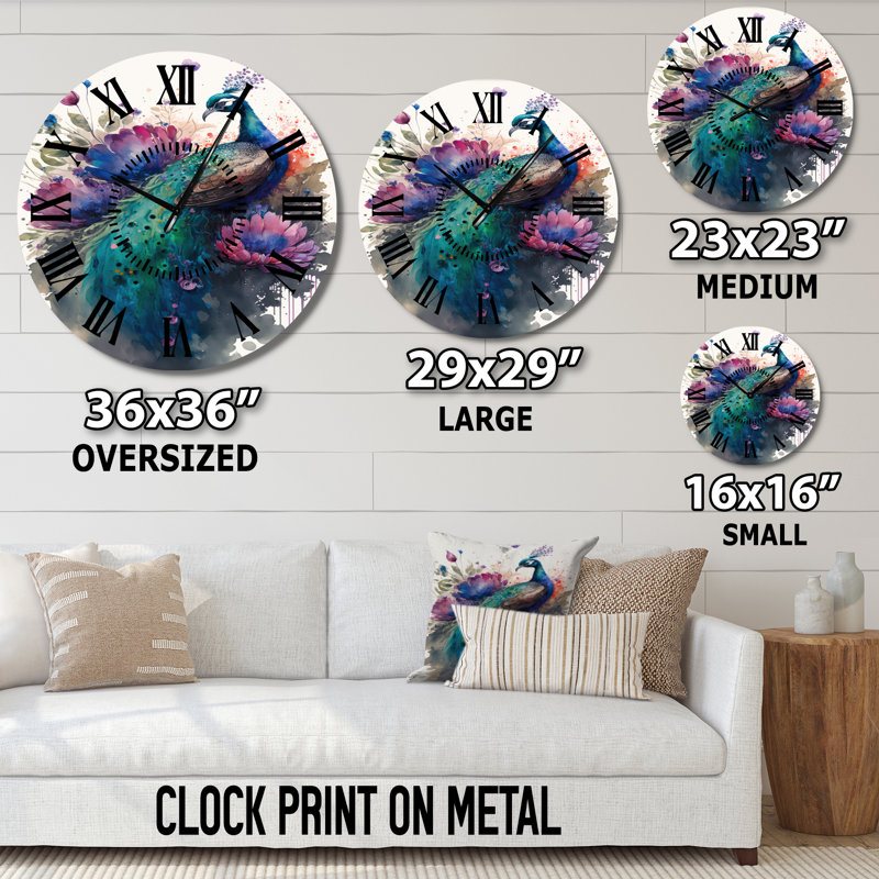 Horloge murale mignonne paon à motif floral I - animaux, Surdimensionné