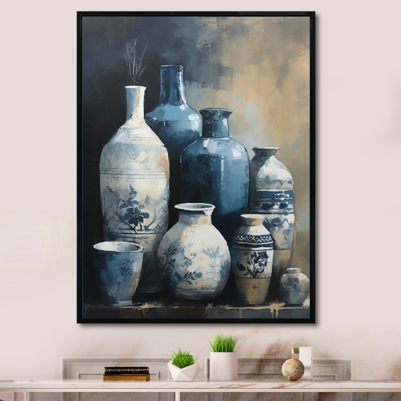 «Kelland Blue and Cream Bohemian Vibes Pottery IV», reproduction sur toile, H 44 po x l 34 po x P 1,5 po, Cadre flottant noir