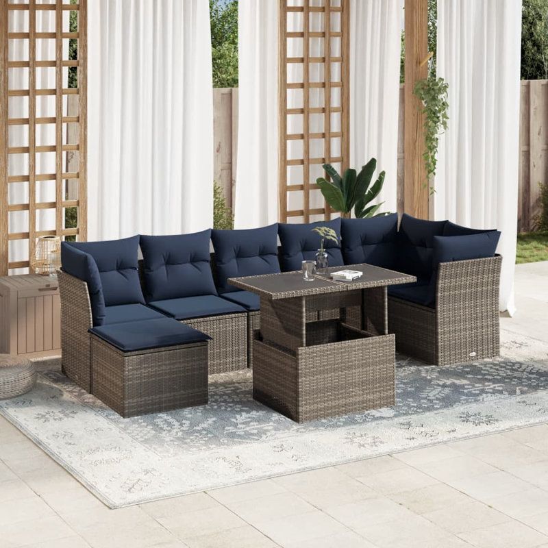  Ensemble de canapé de patio 8 pièces avec coussins en rotin de polyester noir, Gris, Marine