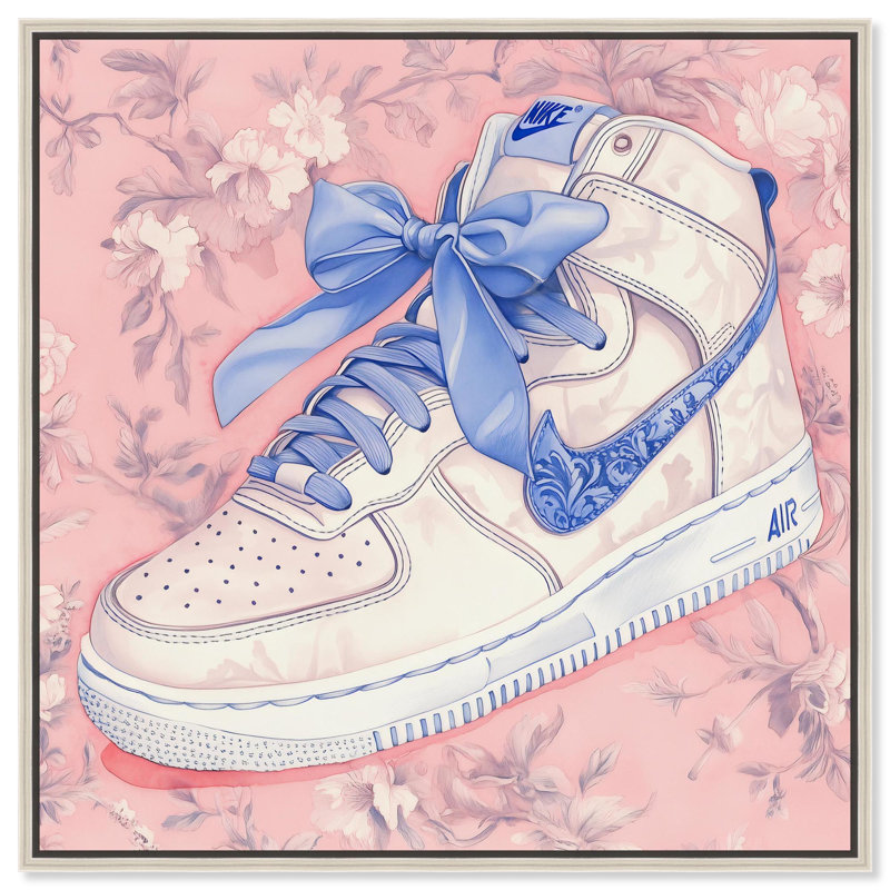 «Blue Bow Sneaker» par Art Remedy, H 13 po x l 13 po, Noir, Cadre flottant