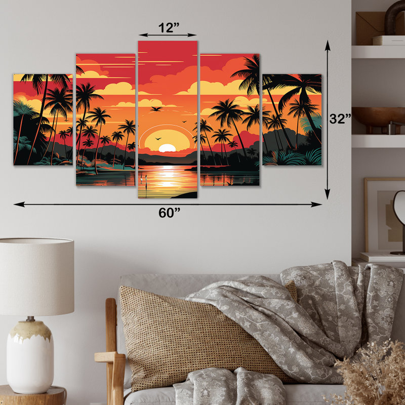 Coucher de soleil orange «Bold Landscape I - Coastal Sunset», ensemble d'art mural