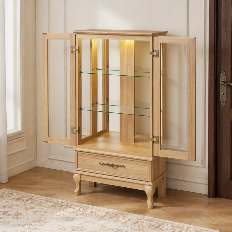 Vitrine lumineuse avec tablettes réglables, deux portes et un tiroir pour une présentation et un rangement polyvalents dans n'importe quelle maison