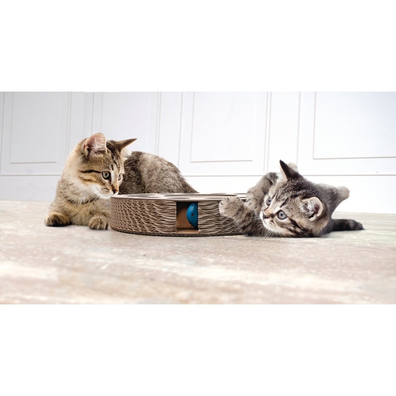 Round Tan Cardboard Cat Scratcher with Toy Balls