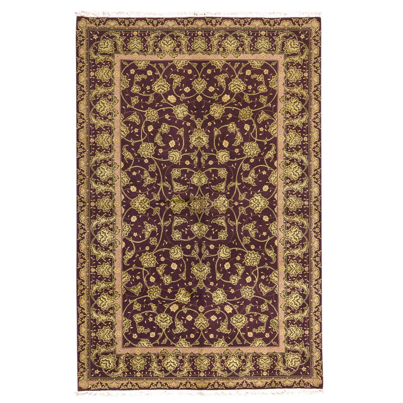 Tapis unique en laine noué à la main de couleur vin / or 5 pi 9 po x 8 pi 9 po