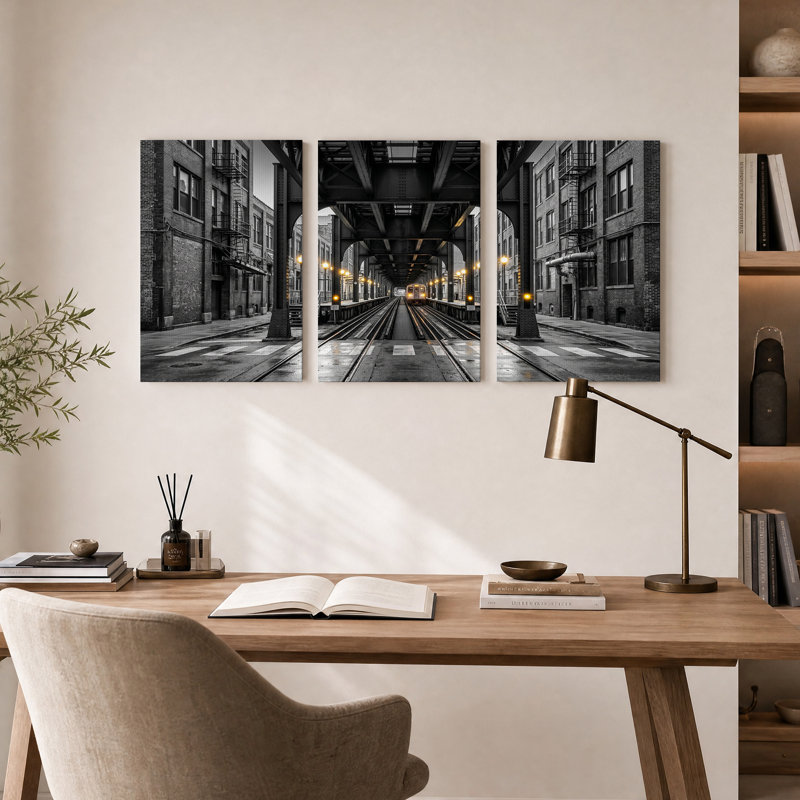 Ensemble de 3 toiles murales représentant une gare aérienne en noir et blanc, 24"H x 16"W x 3pcs