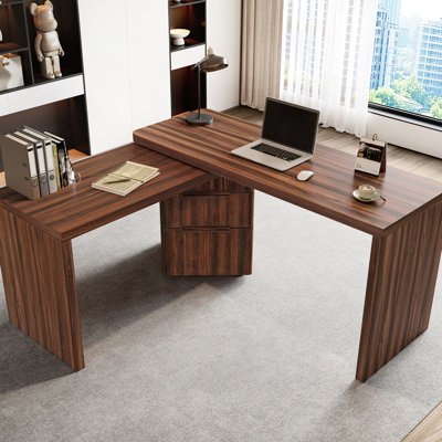 Modern Walnut L Shaped Desk With 3 Drawers And 360 Rotation, 90" For Home Office Space Utilization In Wood Rotating, For Setup