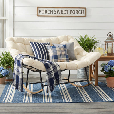 Oversized 2-Person Papasan Rocking Chair with Thick Cushion, Solid Wood Base – Indoor & Outdoor Lounge Chair