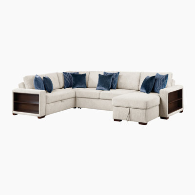 Mischa 140" Modern & Contemporary Microfiber 4-Piece Sectional Sofa with Pull-Out Bed, Built-In Charging Ports & Reversible Chaise