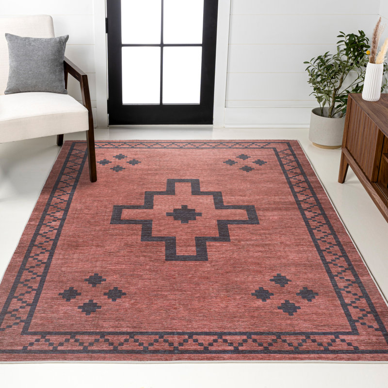 Ilsetraud Geometric Medallion Machine-Washable Red/Dark Gray Rug, Rectangle 2'11" x 5'