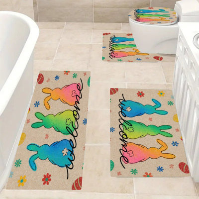 Colorful Bunny Silhouettes, Bath Rug Set of 4 for Bathtub, Sink