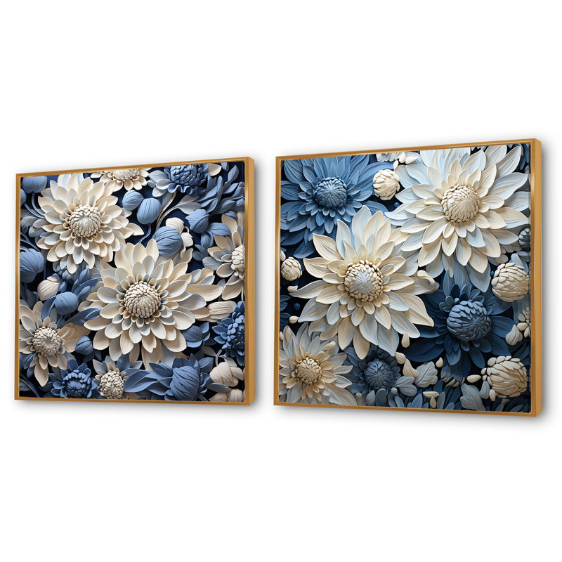 Ensemble de 2 collages carrés en châtaignier blanc pur et bleu, Cadre flottant doré, H 30 po x l 61 po