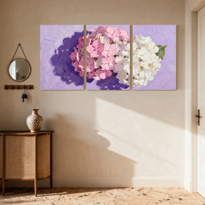 Fleurs d'hortensia sur fond mauve, ensemble de 3 impressions sur toile