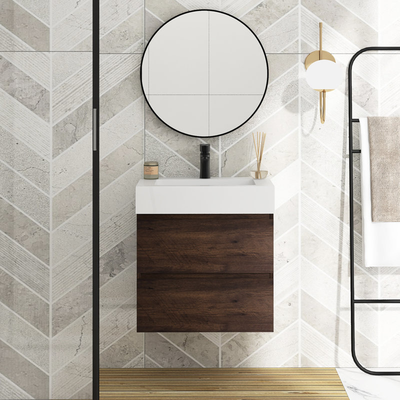 Meuble-lavabo mural simple Sherranda, H 25 po x l 24 po x P 18 po, Blanc, Noyer
