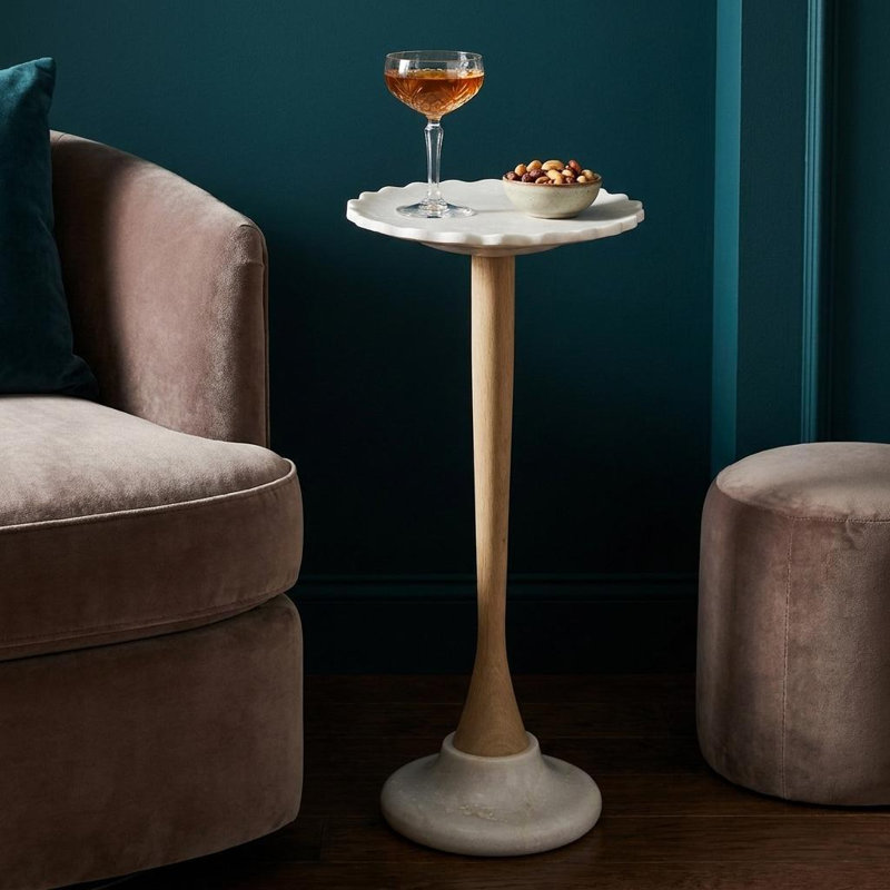 Table d'appoint sur pied en marbre blanc et naturel et bois massif de 66 cm